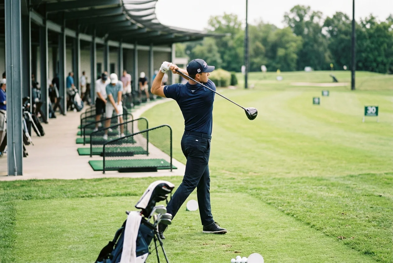 Golfista profesional analizando su swing con tecnologia de seguimiento